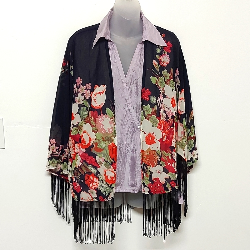 Papillon Floral Fringed Shrug, Size Small
